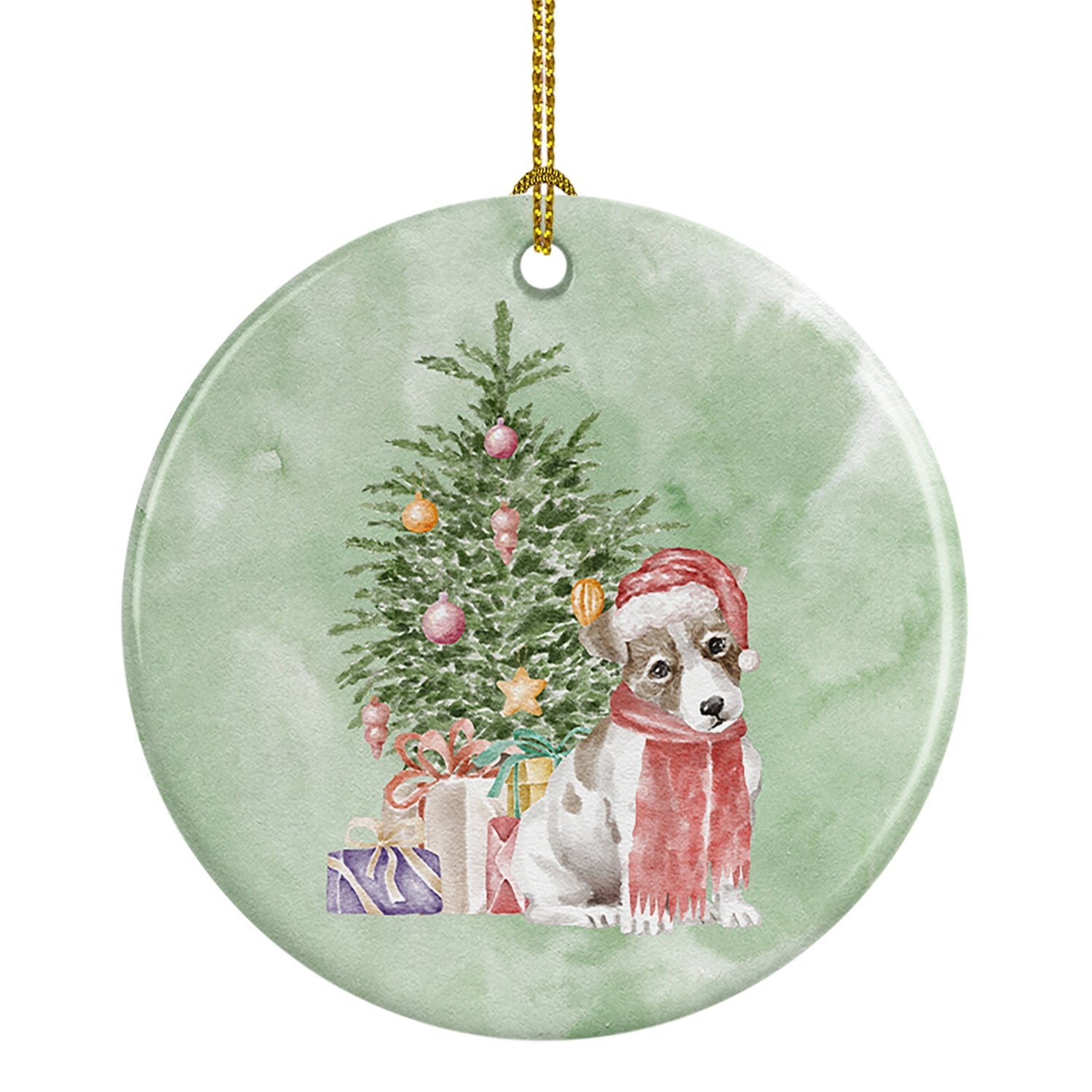 Jack Russell Terrier Smooth Puppy Christmas Presents and Tree Ceramic Ornament