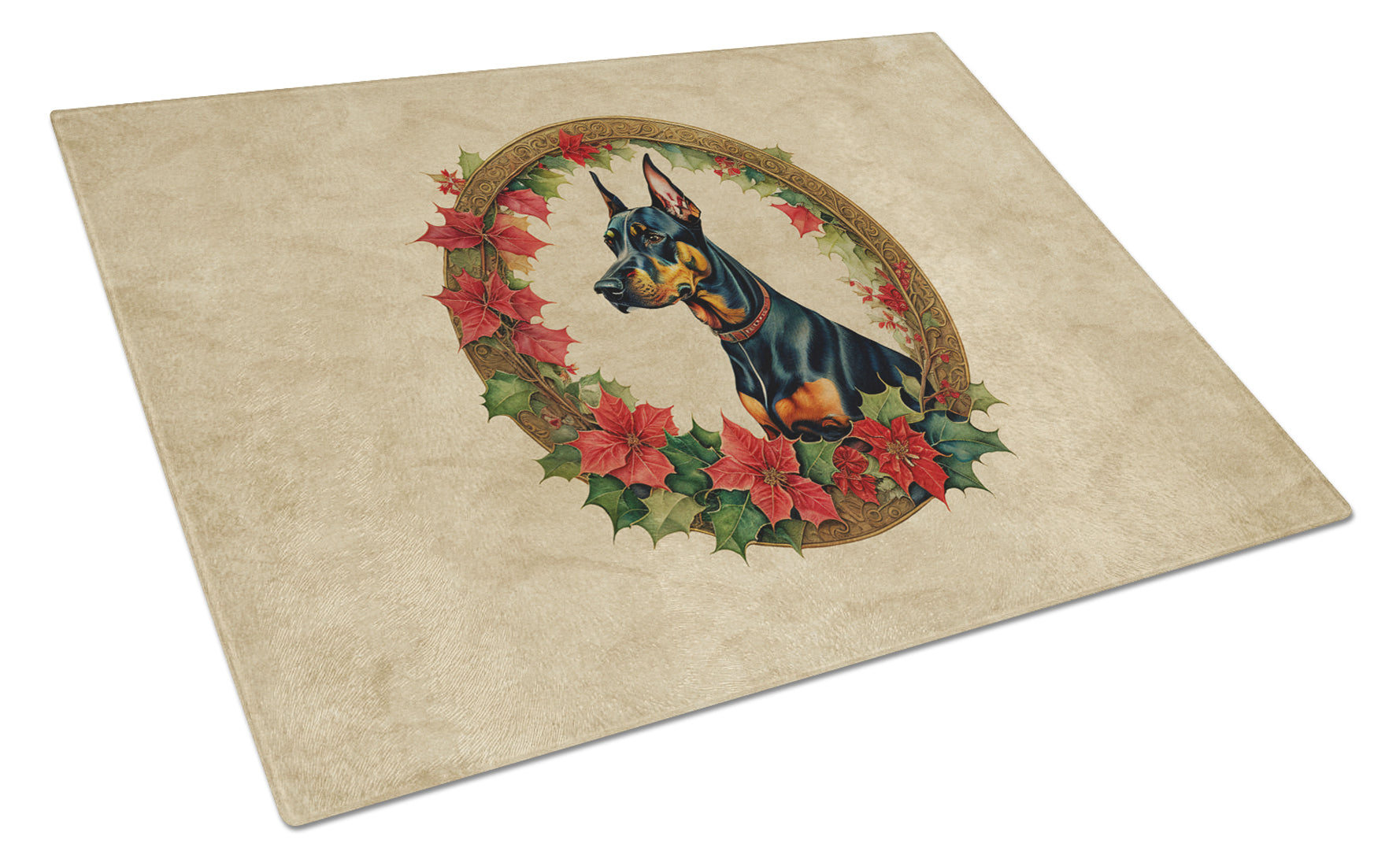 Doberman Pinscher Christmas Flowers Glass Cutting Board