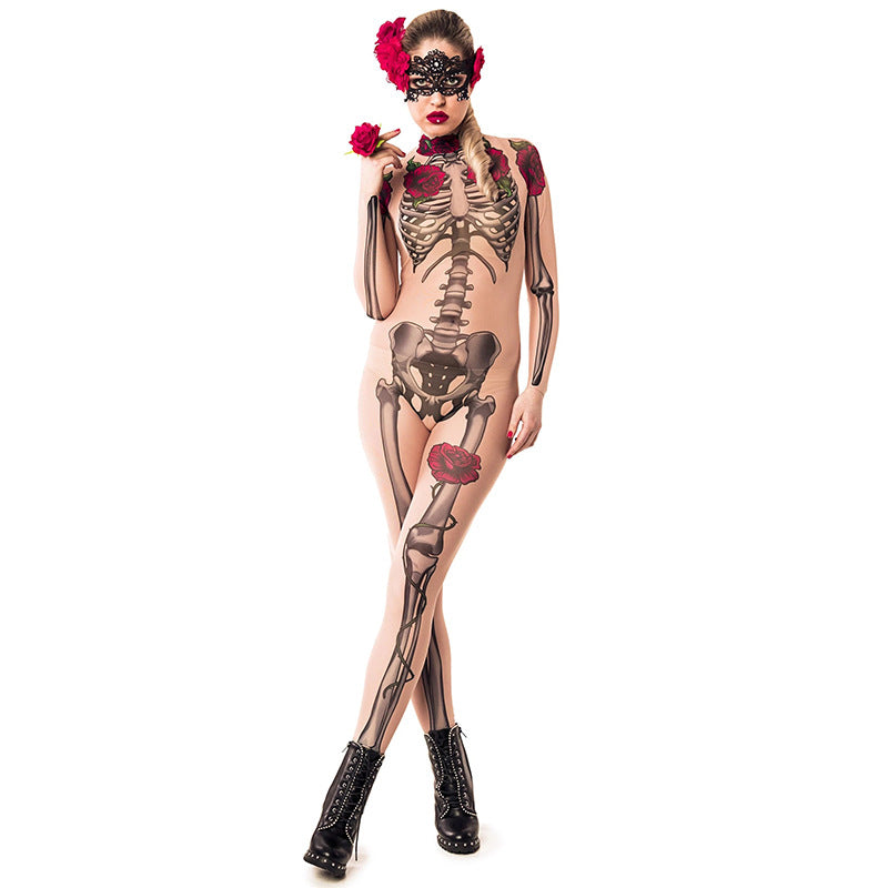 Halloween Skeleton Rose Bodysuit Cosplay Costume
