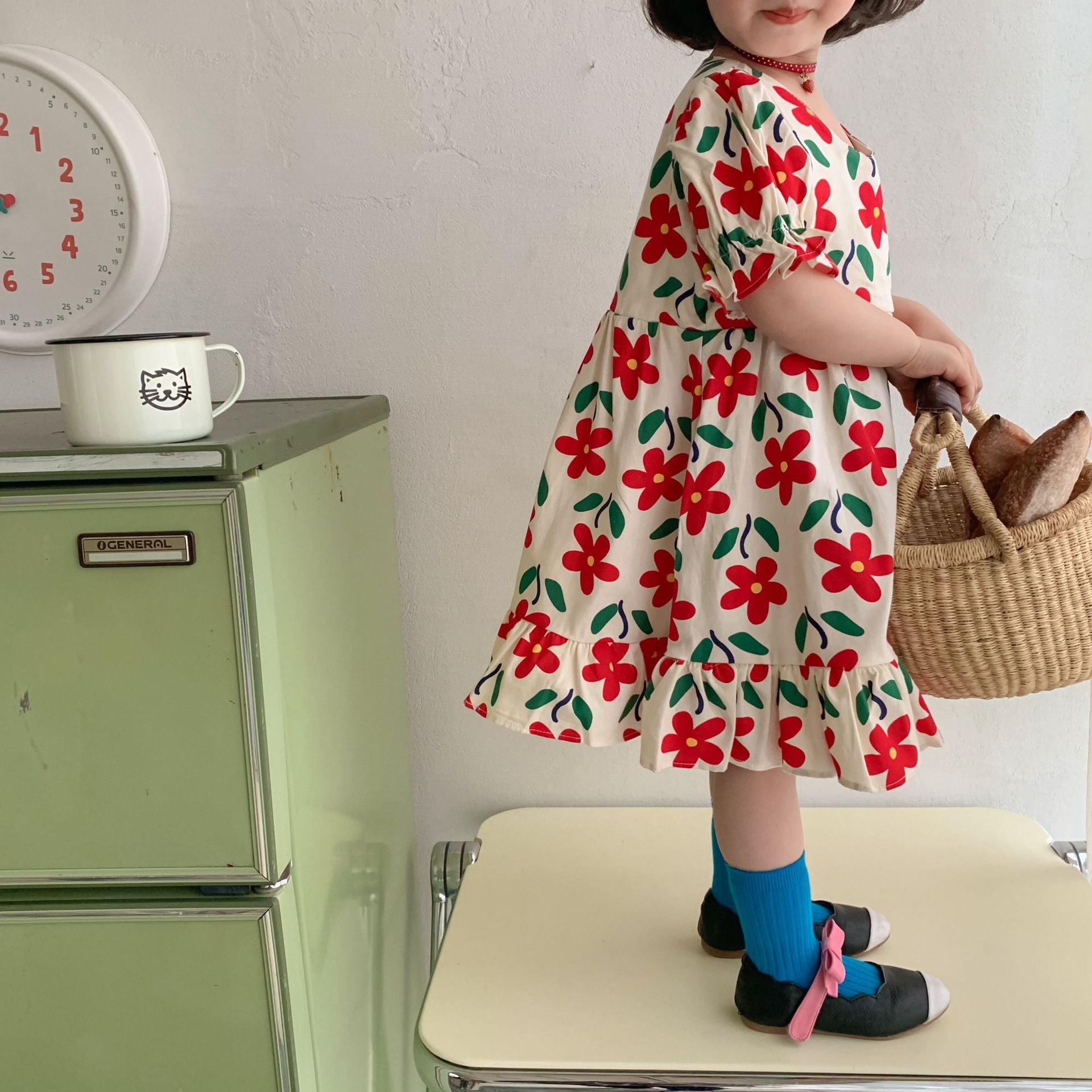 Girls Summer Short Sleeve Floral Print Dress