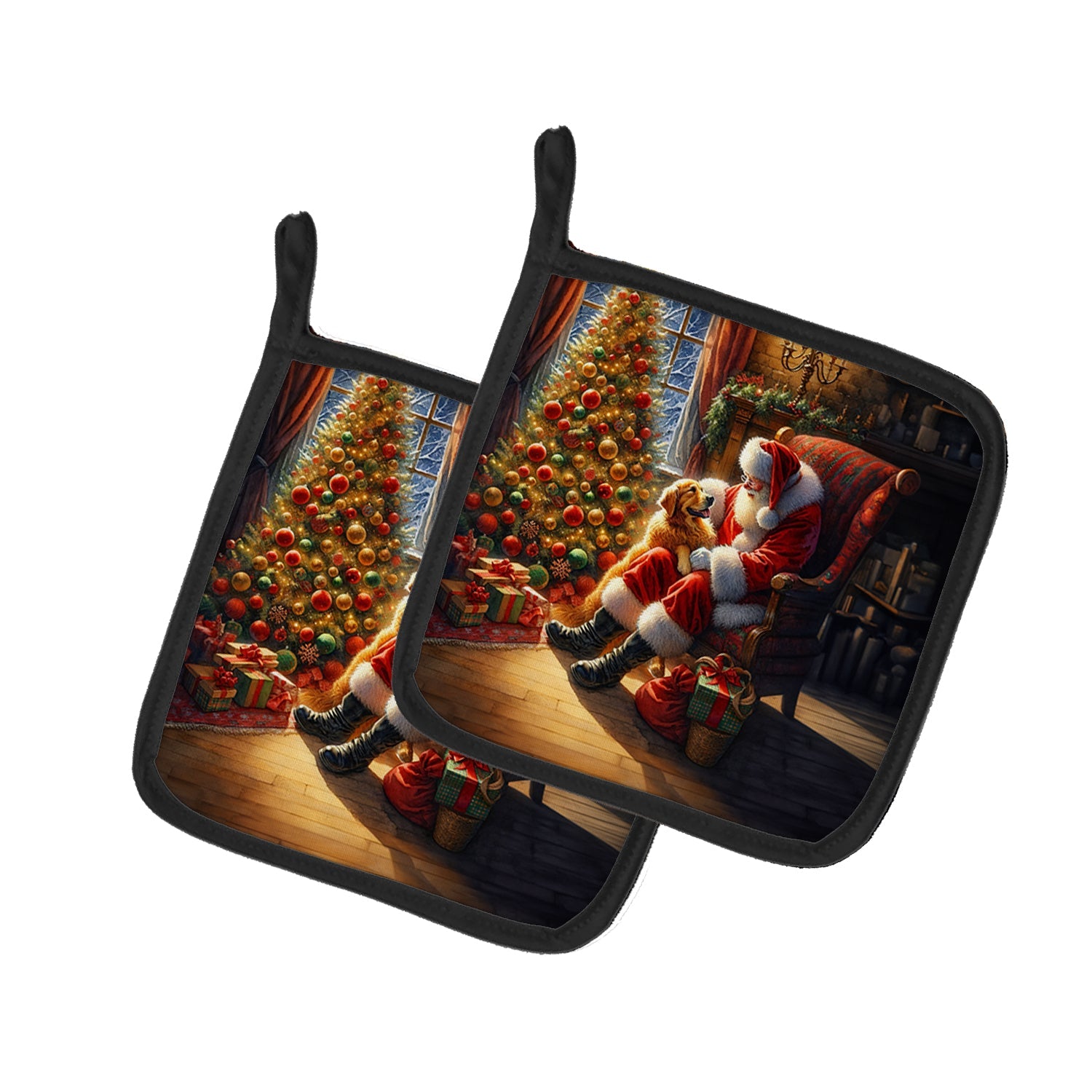 Golden Retriever and Santa Claus Pair of Pot Holders