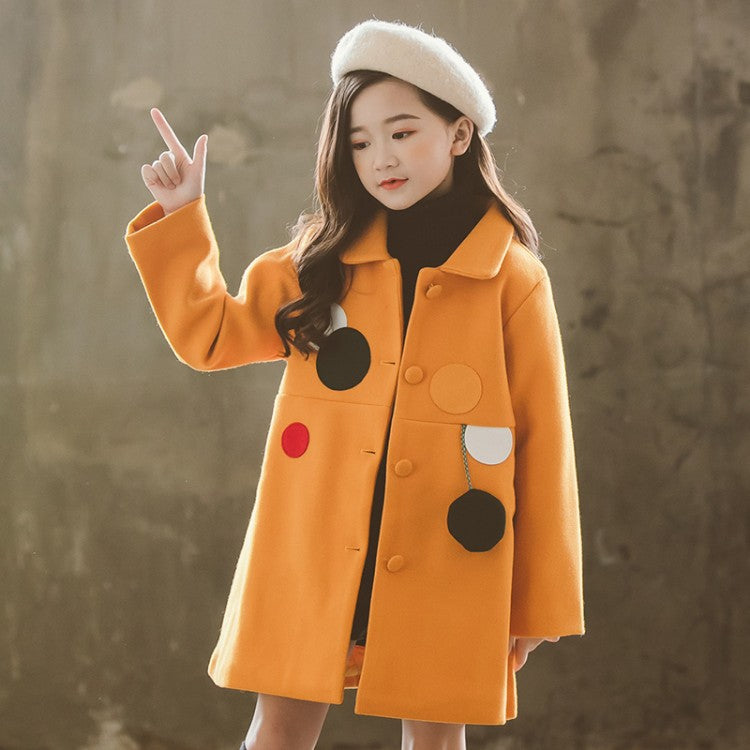 Girls' Padded Lapel Polka Dot Woolen Coat