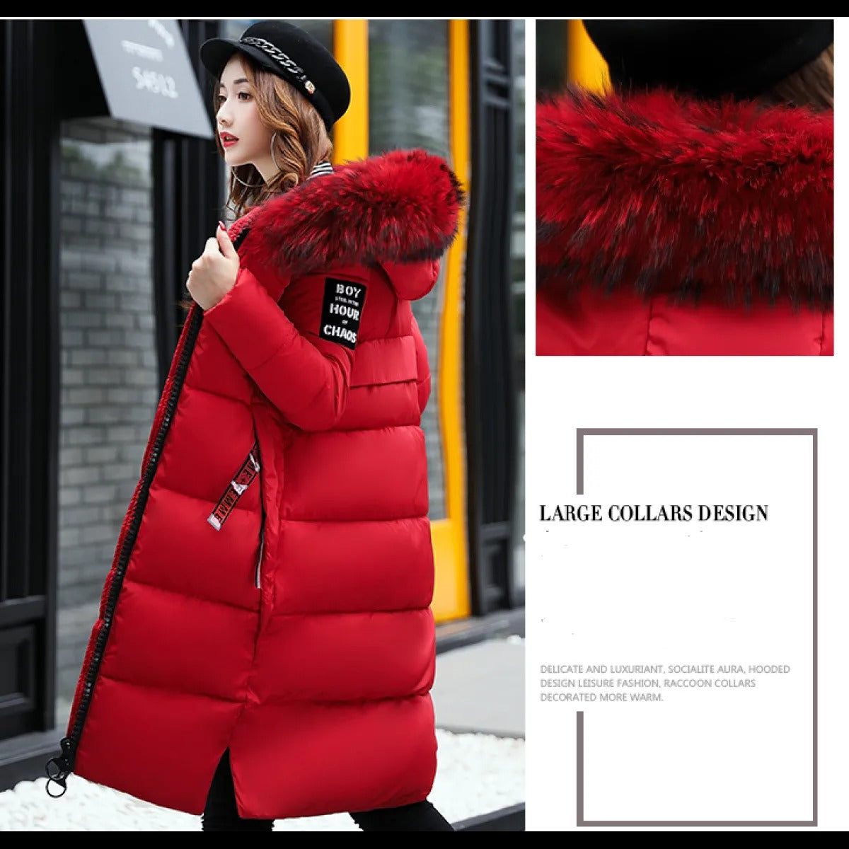 Girls' Cotton Padded Winter Coat with Fur Collar