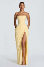 Tube Top Pleated Slit Maxi Dress