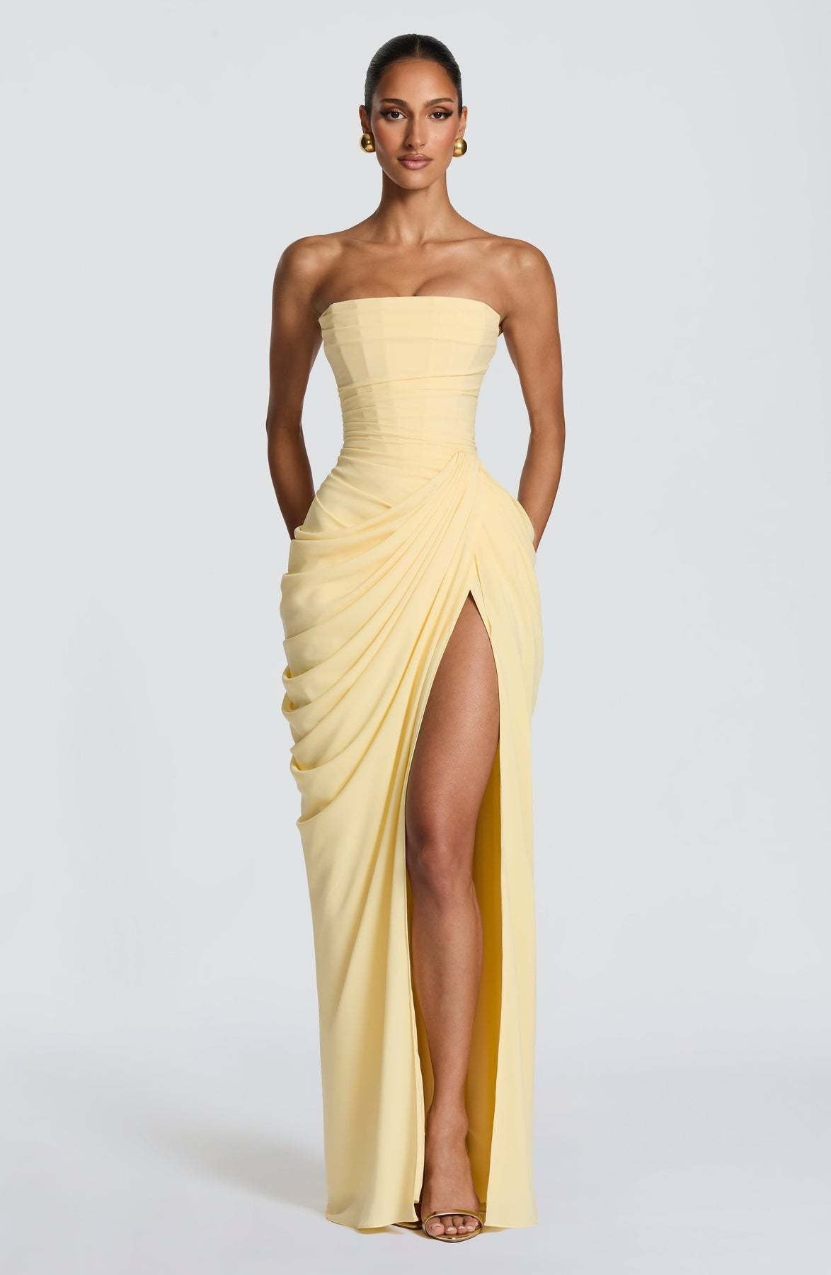 Tube Top Pleated Slit Maxi Dress