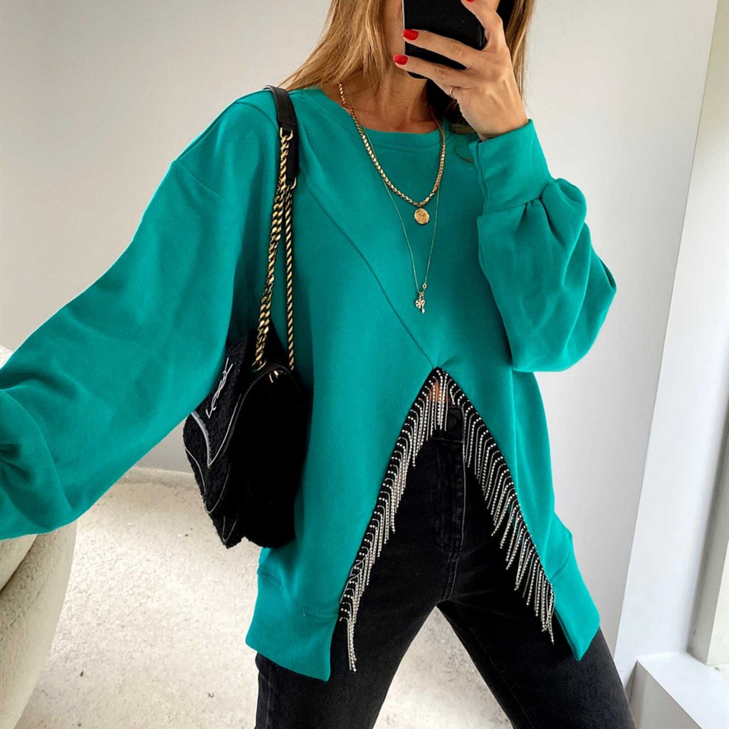 Women's Casual Long Sleeve Split Tassel Sweater Top