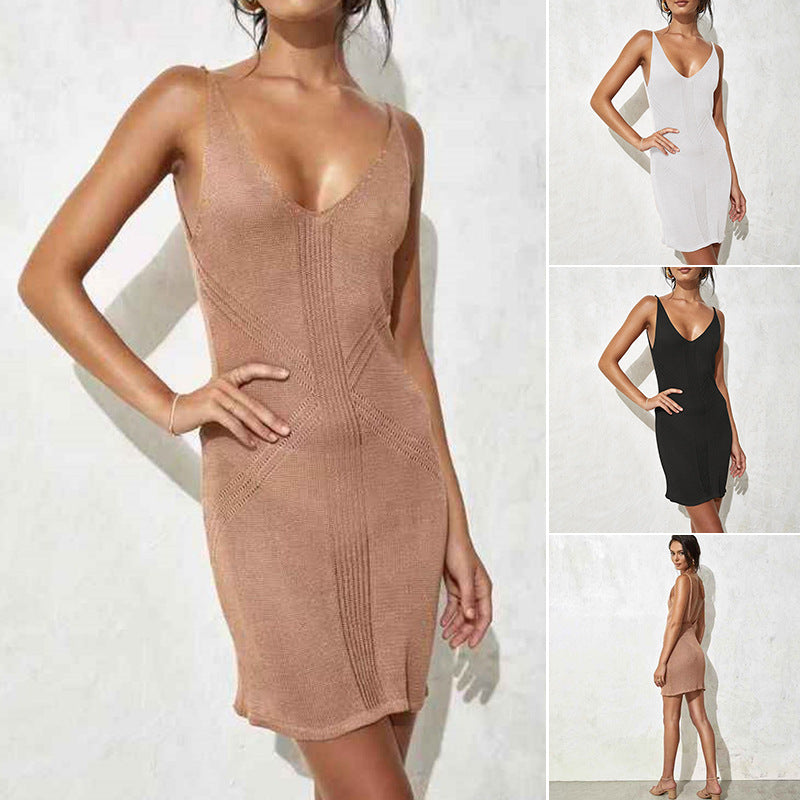 Summer Women's Solid Color Knitted Beach Cover-Up Dress