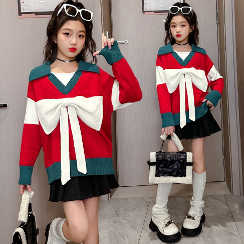 Cute Red Knitted Bow Top for Women - Christmas Style