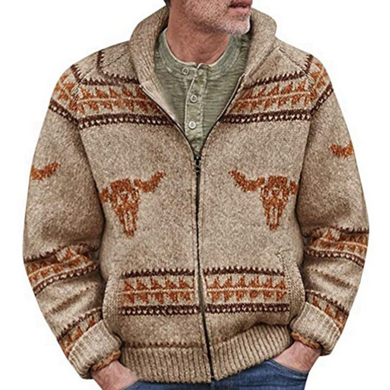 Jacquard Weave Zip Sweater Coat with Ox Head Design