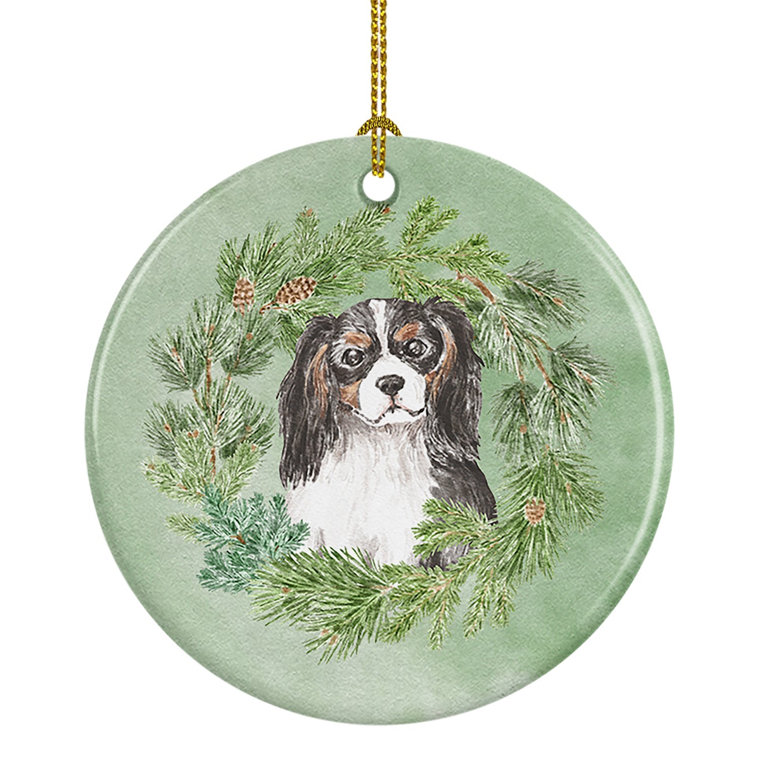 Cavalier Spaniel Tricolor Head Tilt Christmas Wreath Ceramic Ornament