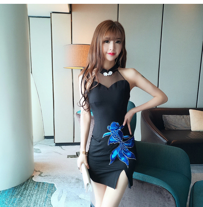 Embroidered Fish Design Qipao Dress with Mesh Details