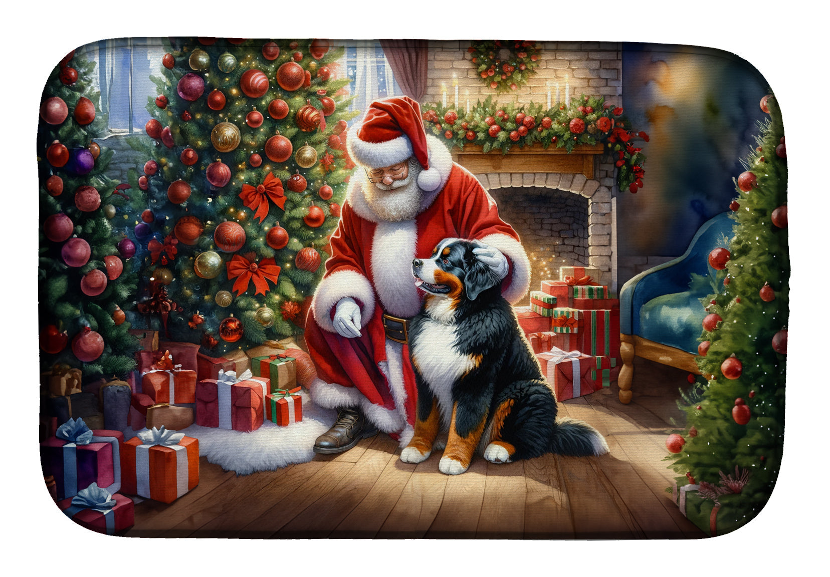 Bernese Mountain Dog and Santa Claus Dish Drying Mat