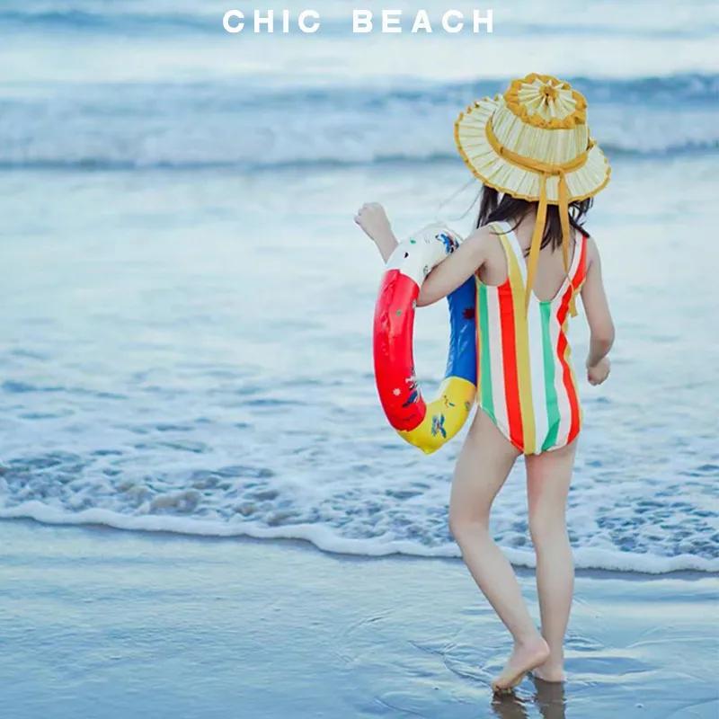 Girls Rainbow Stripe One-Piece Swimsuit with Cap