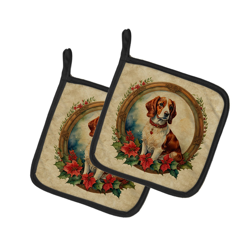 Brittany Spaniel Christmas Flowers Pair of Pot Holders