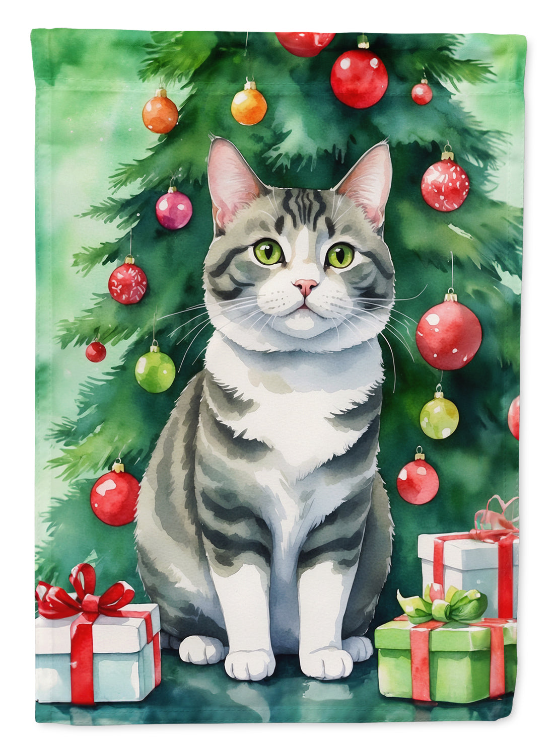 Korean Bobtail Cat By the Christmas Tree Garden Flag