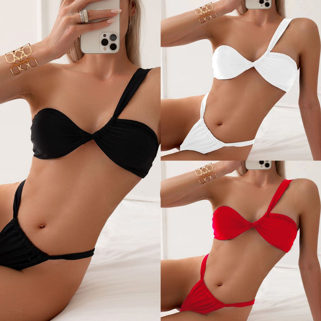 2024 Women's Solid Color One-Shoulder Bikini Swimwear