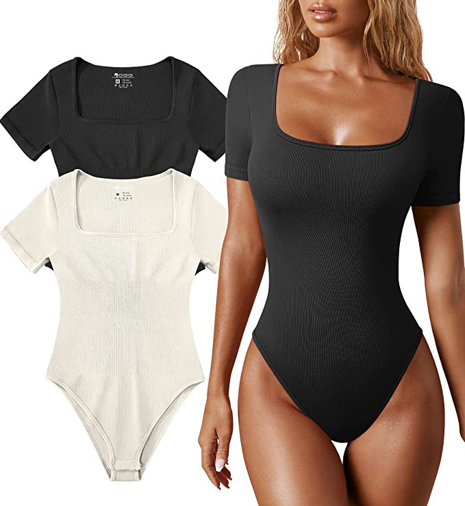 Summer Women's Ribbed Bodysuit with Square Neck