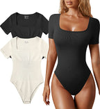 Summer Women's Ribbed Bodysuit with Square Neck