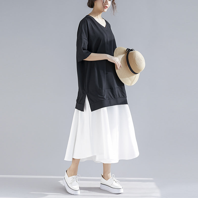 Women's V-Neck Color Block Midi Dress (Two-Piece)