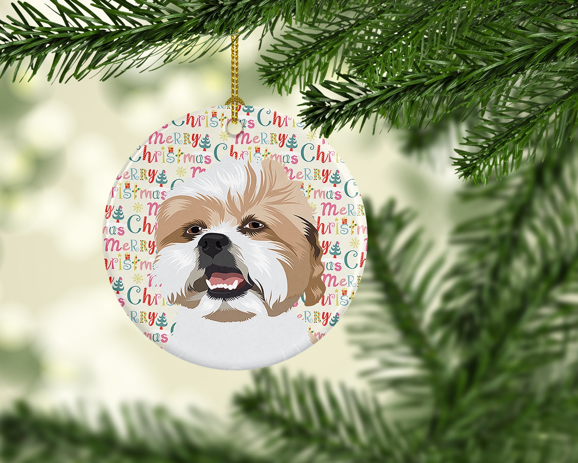 Shih-Tzu Silver Gold and White Christmas Ceramic Ornament