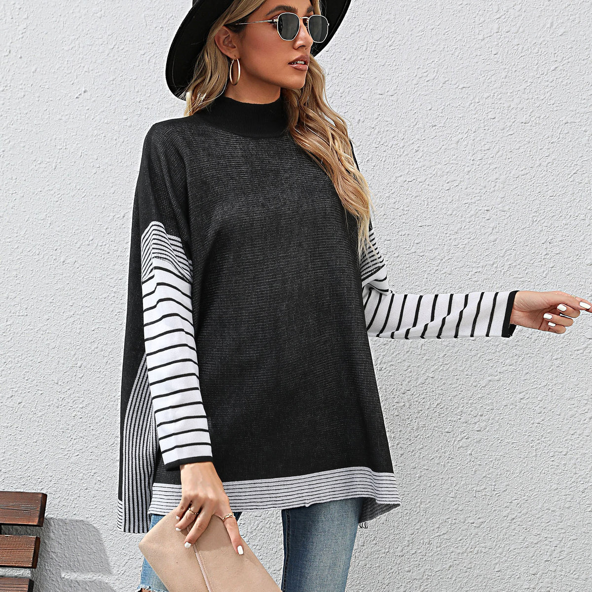 New Women's Bat Sleeve Stripe High Neck Sweater
