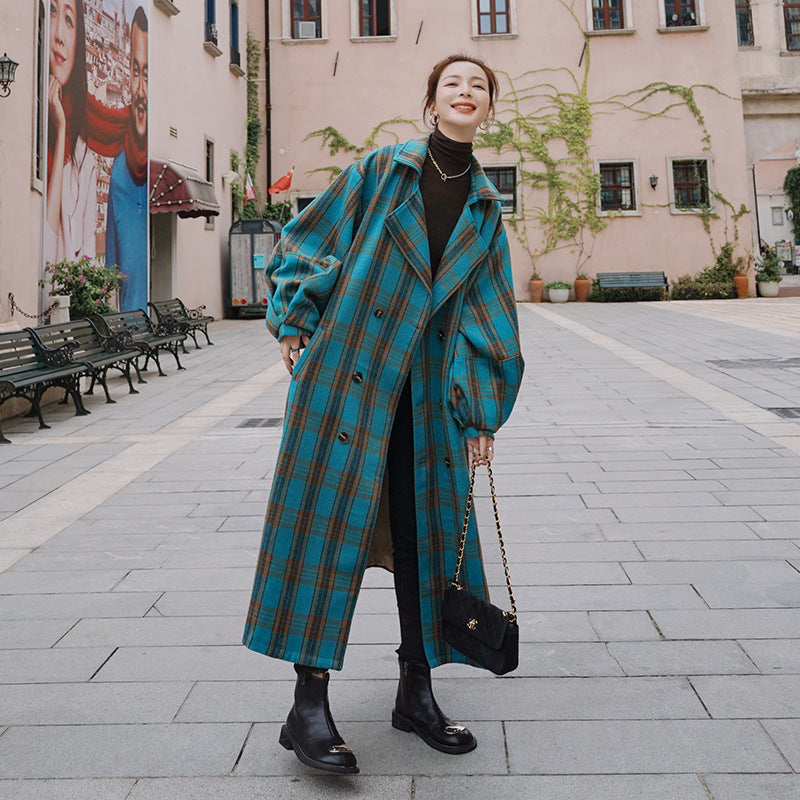 Women's Mid-length Plaid Wool Coat