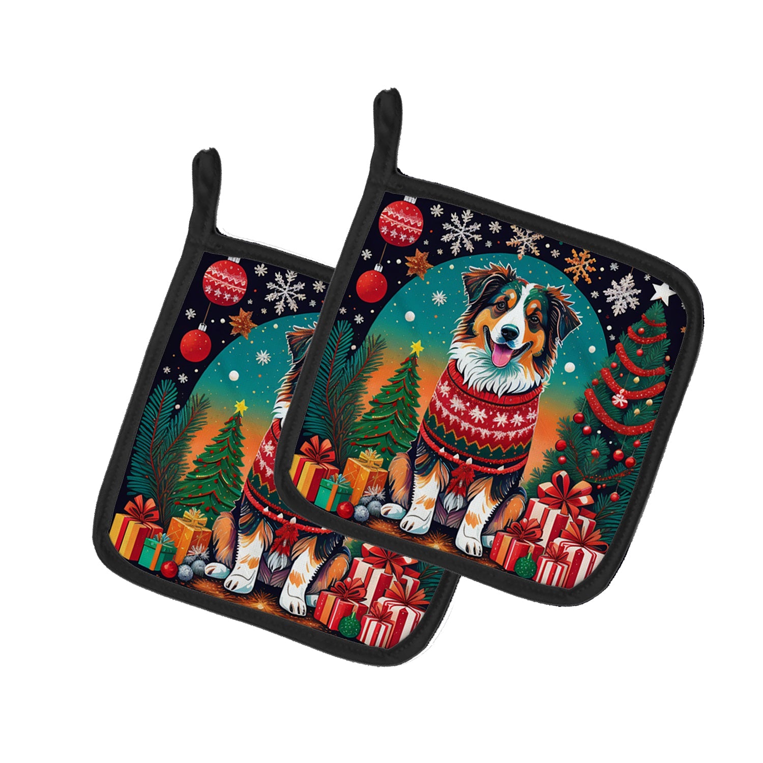 Australian Shepherd Christmas Pair of Pot Holders