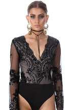 Symmetrical Sequin Long Sleeve V-Neck Bodysuit