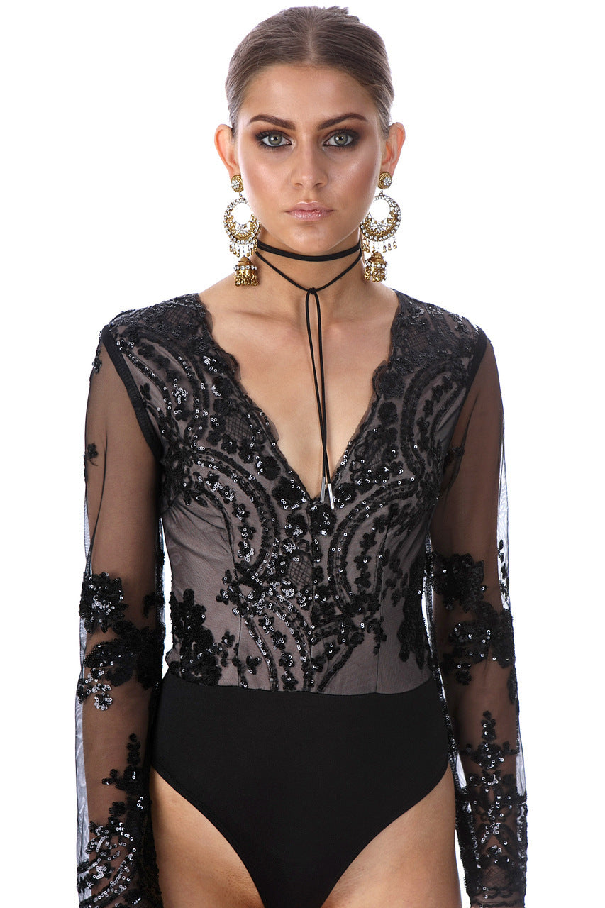 Symmetrical Sequin Long Sleeve V-Neck Bodysuit