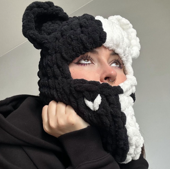 Handmade Knitted Bear Ear Wool Beanie with Color Design | Embroidered Cap