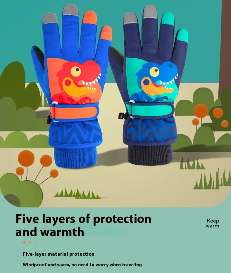Children's Velvet Padded Little Dinosaur Gloves