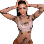 Sheer Mesh Long Sleeve T-Shirt Bodysuit with Letters