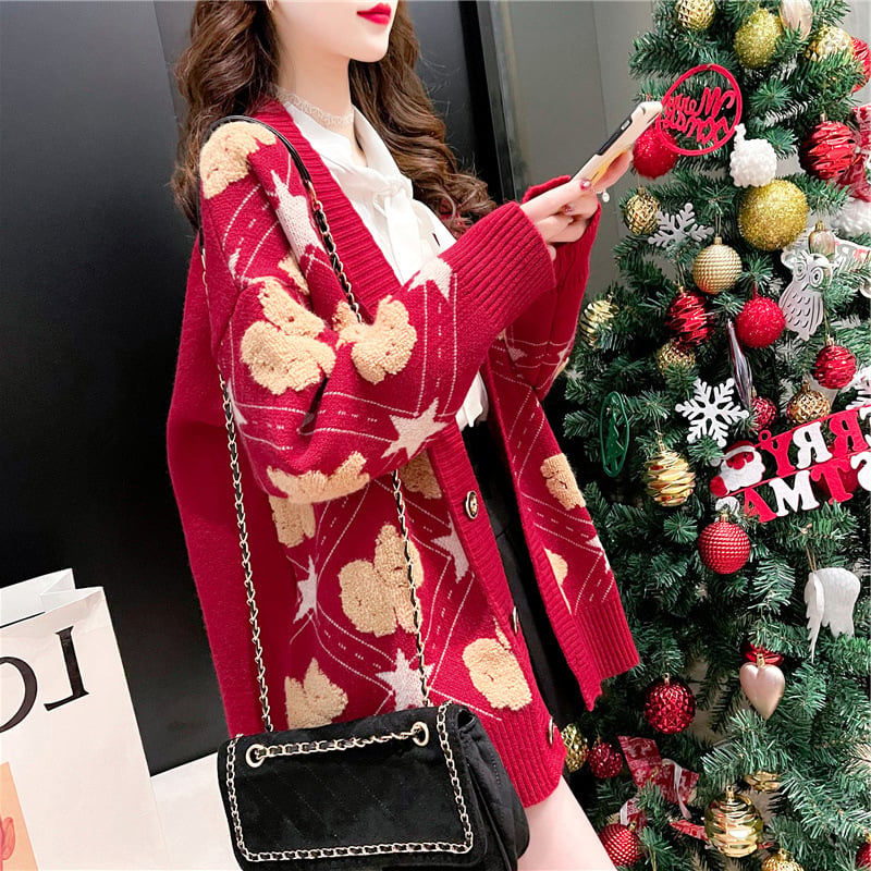 Women's V-neck Bear Knitted Cardigan - Thick & Loose Style