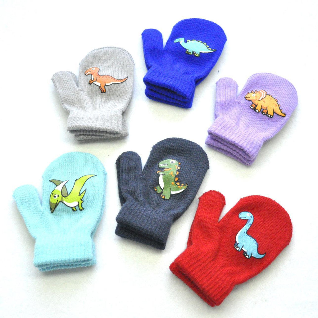 Knitted Gloves with Little Dinosaur Pattern