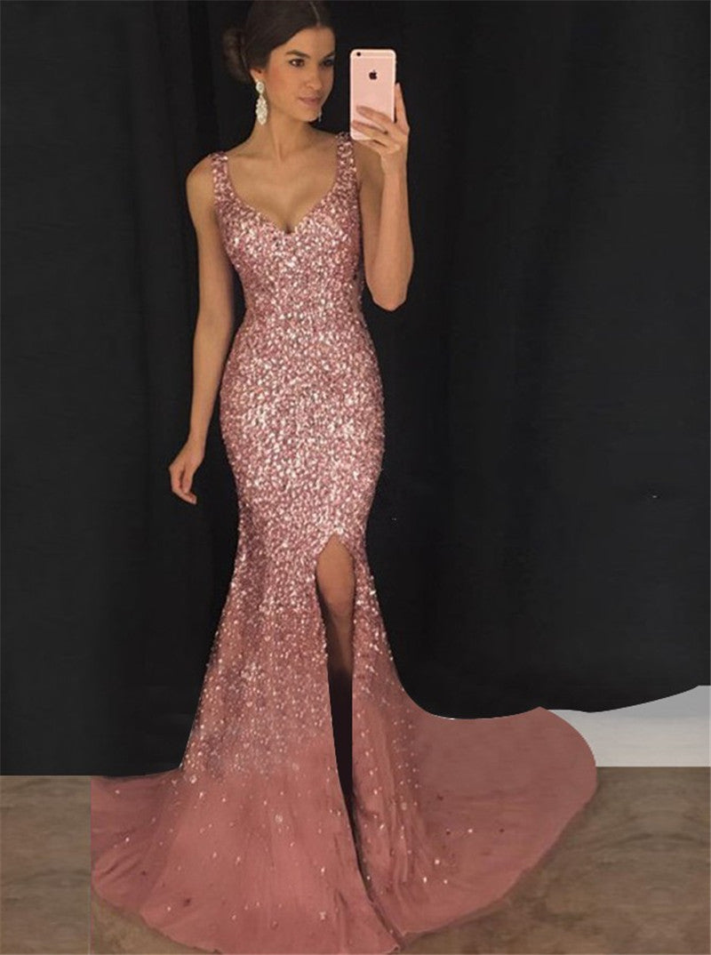 Sexy Deep V Sequin Long Dress with Spaghetti Straps