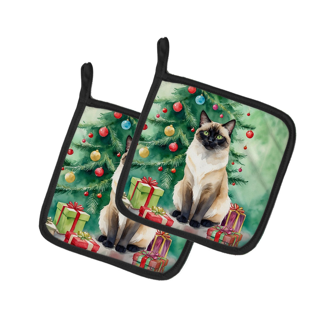 Birman Cat By the Christmas Tree Pair of Pot Holders