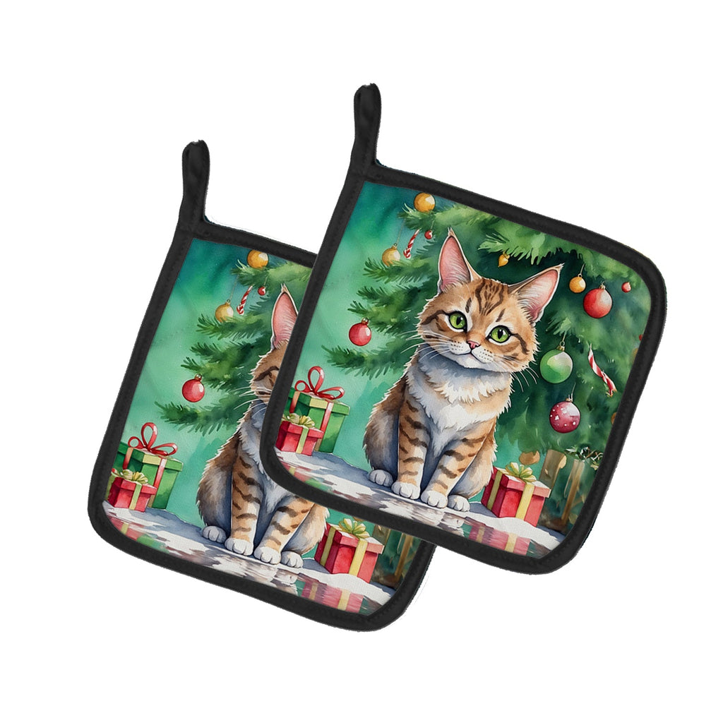 Pixie Bob Cat By the Christmas Tree Pair of Pot Holders