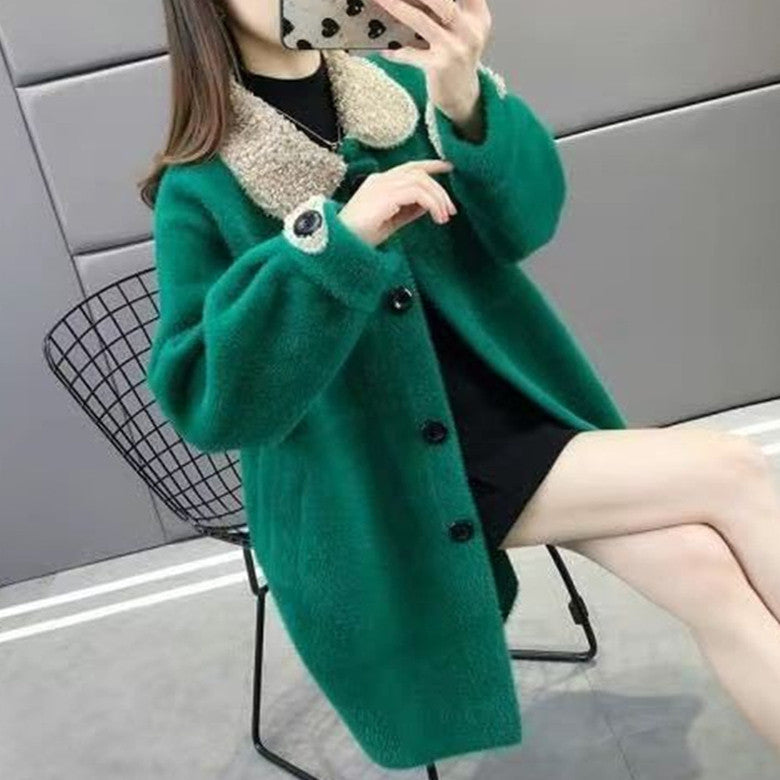 Loose Mid-length Knitted Coat with Single-breasted Design