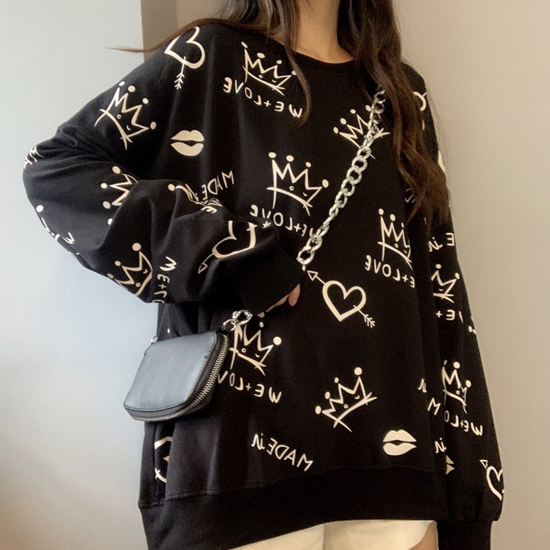 Women's Long-Sleeved Sweater with Front and Back Graffiti