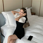 Ruiifan Summer New Puff Sleeve Tie Waist Shirt & Dress