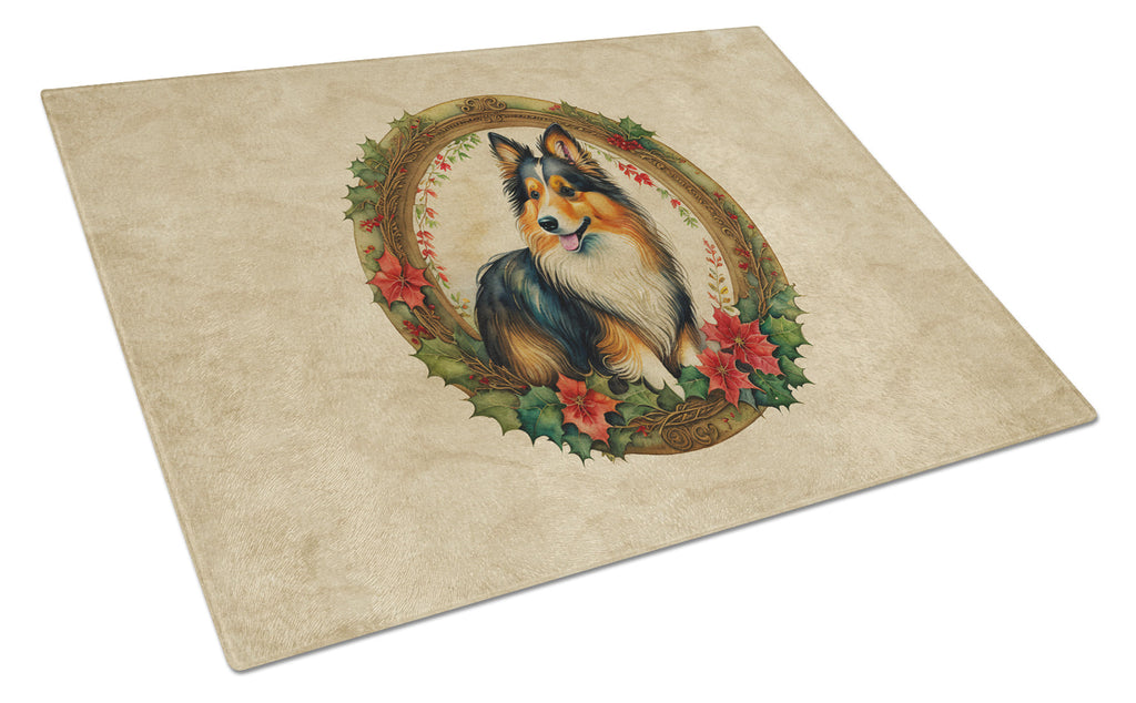 Sheltie Christmas Flowers Glass Cutting Board