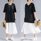 Women's V-Neck Color Block Midi Dress (Two-Piece)