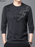 Men's Round Neck Long Sleeve Hoodie with Dragon Print | Streetwear