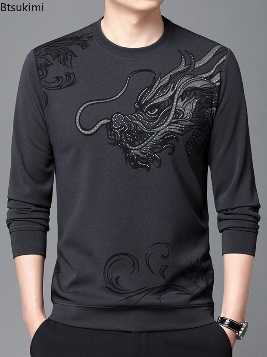 Men's Round Neck Long Sleeve Hoodie with Dragon Print | Streetwear