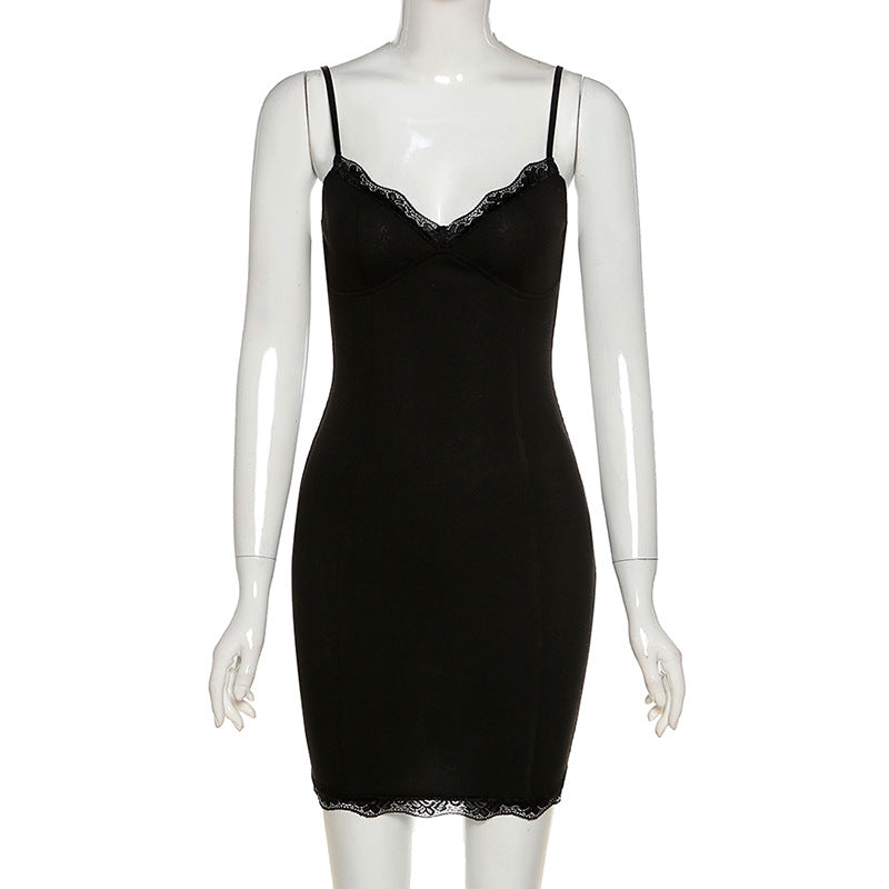 Contrast Lace Scallop Trim Sexy Spaghetti Strap Dress