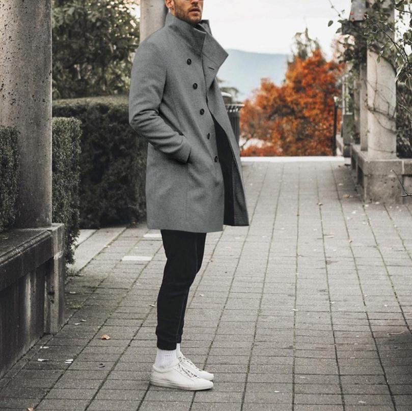 Men's Mid-Length Stand-Up Collar Wool Trench Coat