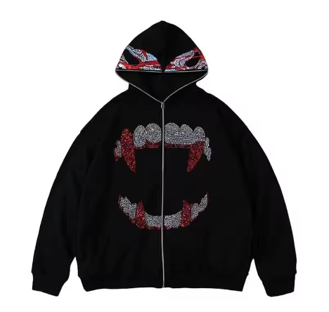 Punk Y2K Gothic Rhinestone Zip Up Hoodie Sweatshirt | Streetwear