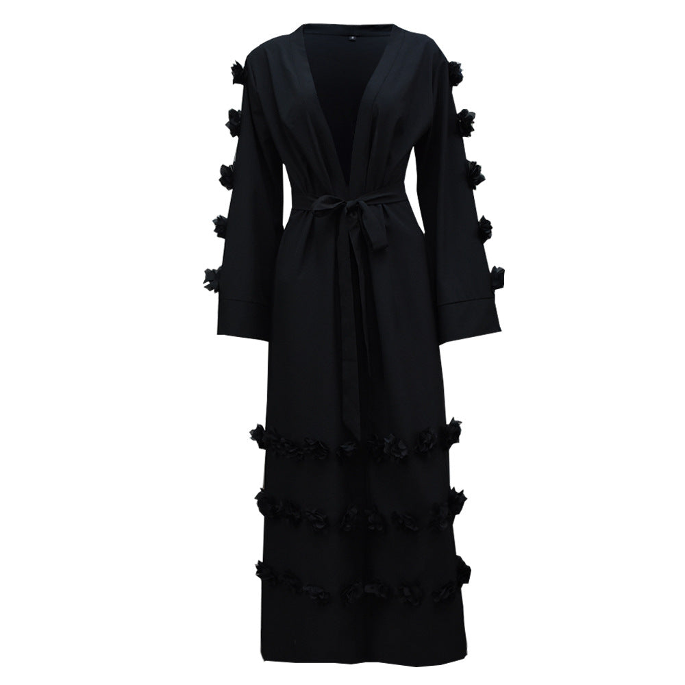 Three-Dimensional Floral Lace-Up Loose Cardigan