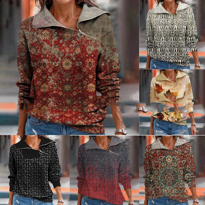 New Women's Digital Print Zippered Sweater with Collar