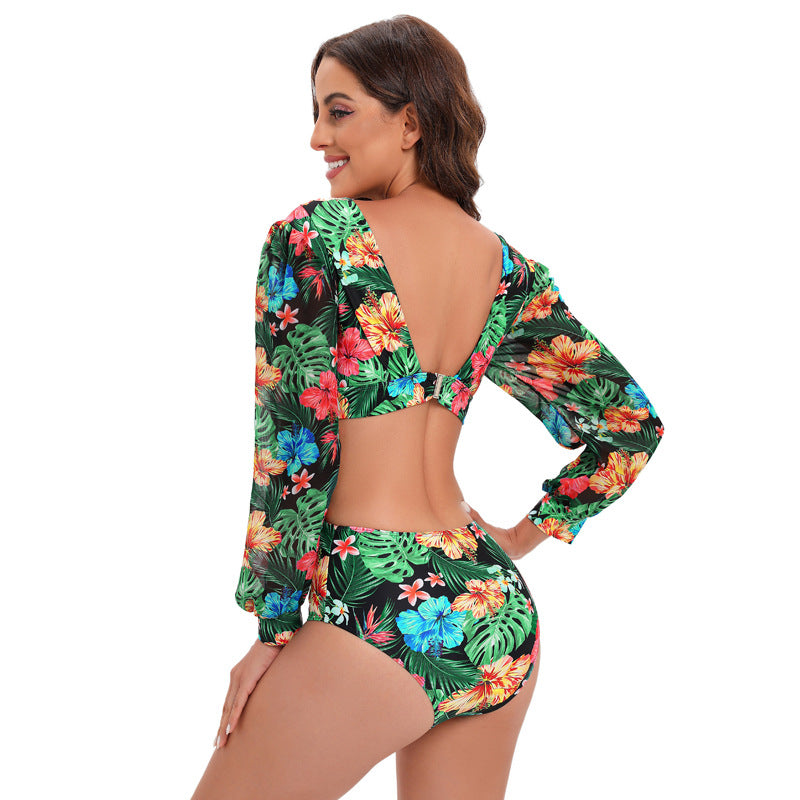 2023 Women's High-Waist V-Neck Long Sleeve Swimsuit